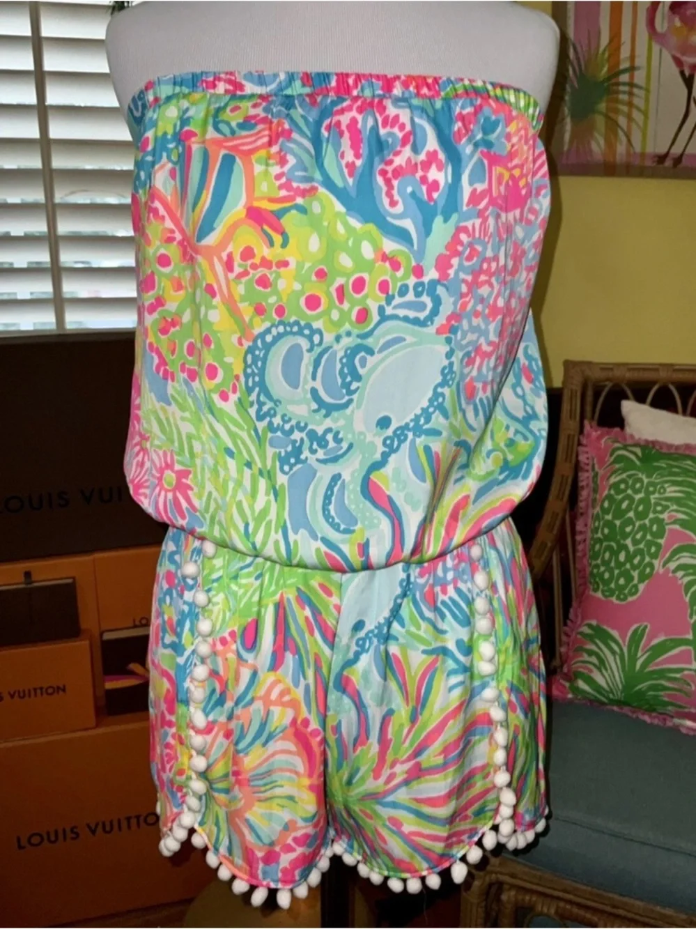 Lilly Pulitzer NWT Daisy Romper Seaspray Blue Lovers Coral Size S Unicorn 🦄 - Picture 2 of 16